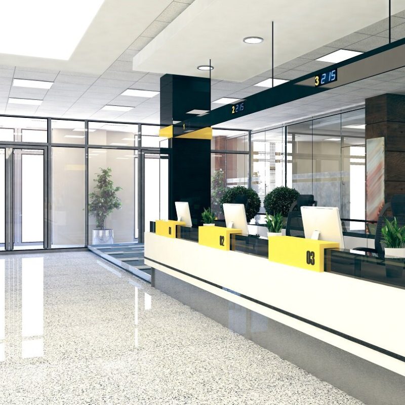 Customer stand with digital counter in large open space office perspective realistic 3D rendering